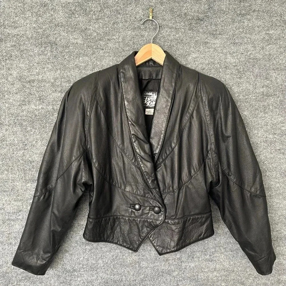 Vintage 80s Leather Ranch Jacket Womens 2 / Small Black Cropped Boxy Glam Rock - Picture 4 of 16